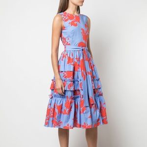 NWT Carolina Herrera Blue and Red Printed Midi Dress